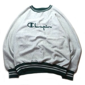 名作! 90s USA製 Champion チャンピオン ヴィンテージ ロゴ刺繍 スウェット トレーナー 裏起毛 袖ライン グレー グリーン L メンズ 希少