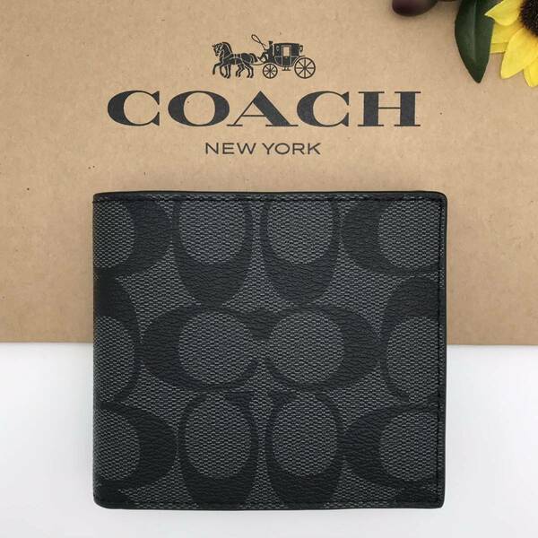 COACH ★大人気★ コインウォレット シグネチャー レザー チャコール 75006 CQ/BK 新品