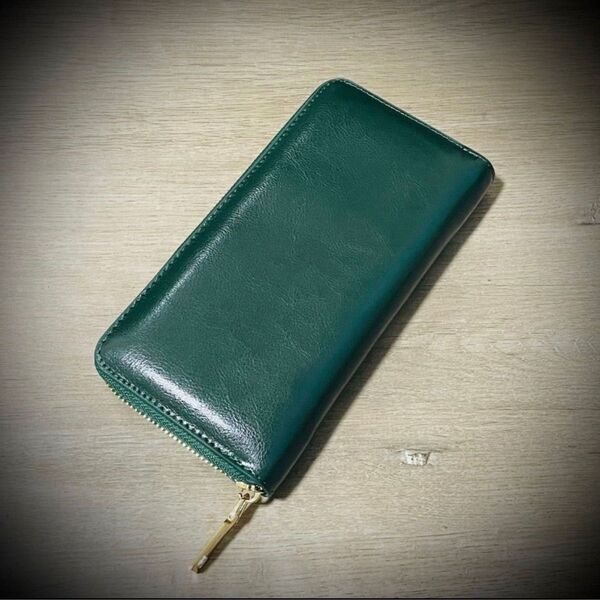 肌触りの良い オイルレザー 長財布 メンズ財布 レディス財布 大容量 艶 本革 牛革 レザー ラウンドファスナー グリーン