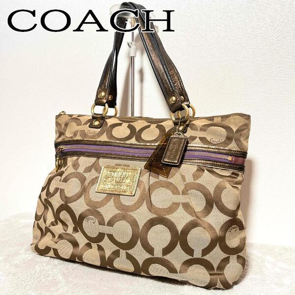 美品COACH コーチセミショルダーバッグトートバッグブラウン茶エメラルド総柄