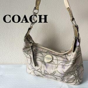 レアCOACH コーチセミショルダーバッグトートバッグロゴホワイトパープル