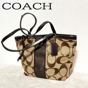 美品COACHコーチセミショルダーバッグトートバッグブラウン茶シグネチャー総柄