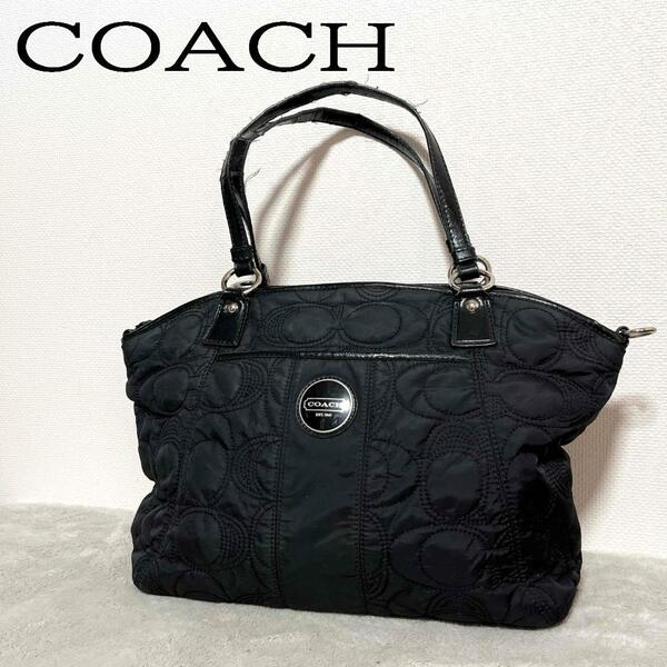 美品COACH コーチセミショルダーバッグトートバッグブラック黒総柄