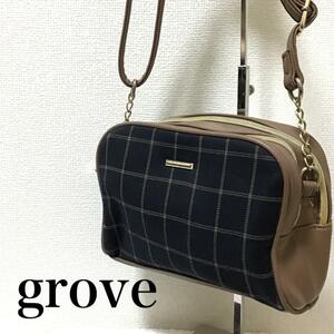 美品groveグローブショルダーバッグハンドバッグダークブラウン茶総柄チェック