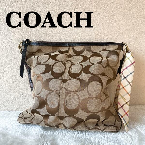 美品COACHコーチセミショルダーバッグトートバッグブラウン茶シグネチャー総柄