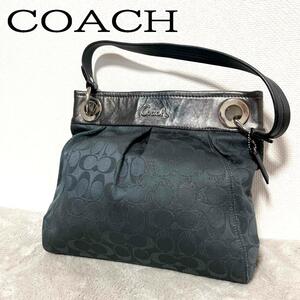 美品COACHコーチセミショルダーバッグトートバッグブラック黒シグネチャー総柄