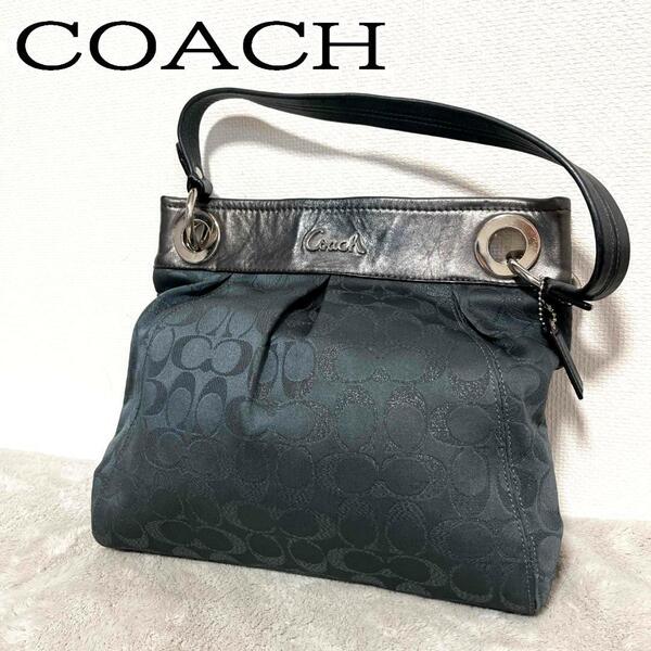 美品COACHコーチセミショルダーバッグトートバッグブラック黒シグネチャー総柄