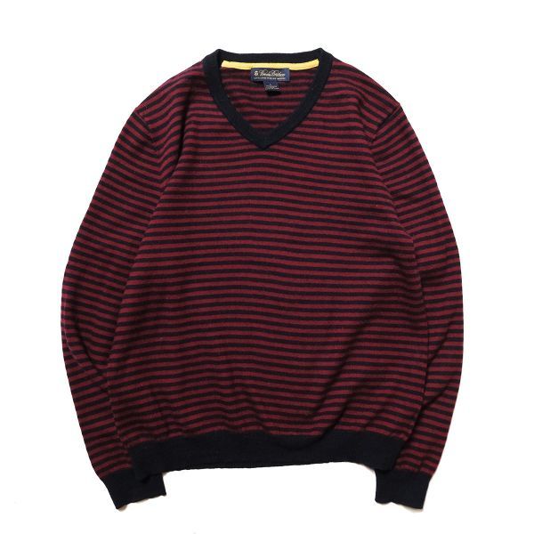 00\'s ブルックスブラザーズ メリノウール ボーダー Vネック ニットセーター (L) 紺×エンジ系 旧タグ BROOKS BROTHERS