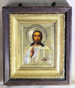 イコン① イエス・キリスト聖像 キリスト教美術 ロシア正教 19世紀 肉筆 テンペラ 板絵 宗教画 聖画像 宗教美術