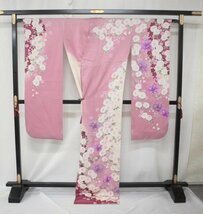 正絹振袖　美品　2030　アイボリー/赤紫　枝垂れ桜・蝶【中古】_画像4