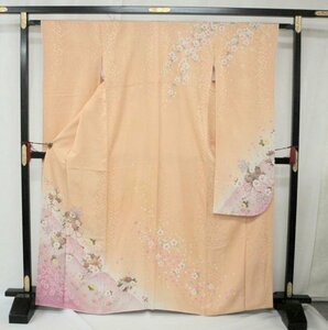 正絹振袖　美品　2036　薄オレンジ　桜・組紐【中古】