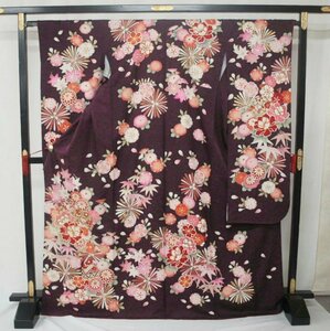 正絹振袖　美品　2055　紫　花・手毬　金駒刺繍【中古】