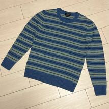 美品 A.P.C. アーペーセー クルーネック ボーダーニット M ブルー系 ルーマニア製 24216-1-85971 ウール100% 長袖 セーター メンズ_画像1