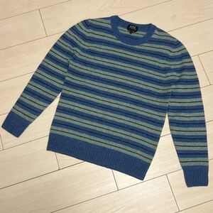 美品 A.P.C. アーペーセー クルーネック ボーダーニット M ブルー系 ルーマニア製 24216-1-85971 ウール100% 長袖 セーター メンズ