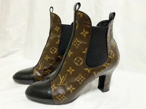 希少 超美品 ルイ ヴィトン LOUIS VUITTON モノグラム ライン LVロゴ サイドゴア レザー ショート ブーツ ヒール 37 1/2 24cm～24.5cm前後