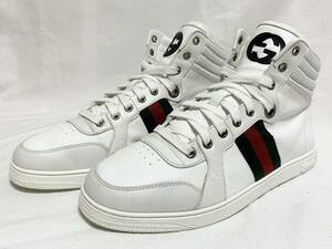 希少 超美品 グッチ GUCCI 221825 GG インターロッキング シェリー レザー ハイカット スニーカー メンズ シューズ 靴 8 1/2 27～27.5cm 白