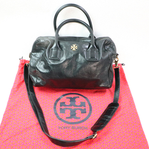 1円 HA1528 TORY BURCH トリーバーチ 2WAY ボストンバッグ ショルダーバッグ レザー ブラック 黒 レディース 保存袋付き