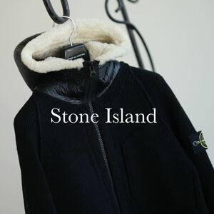 Stone Island レザー ボア フード ニット ジャケット ジップアップ ブルゾン ストーンアイランド M ダウン