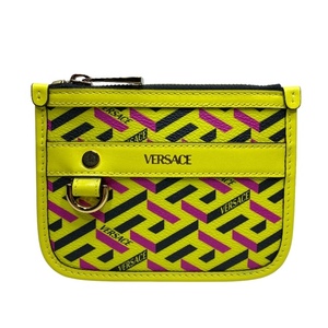 【新品】VERSACE ヴェルサーチ ポーチ 小物入れ ミニポーチ コインケース ロゴ 総柄 レザー イエロー ピンク ブラック