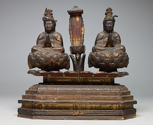【都涼音】仏教美術　時代木造金箔　三宝尊仏像　江戸時代
