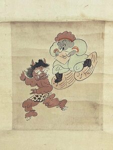 木版画 大津絵「節分之図」紙本 合箱 豆まき 鬼 行事 彩色 中国 日本画 書画 古画 掛軸 掛け軸 骨董 古美術