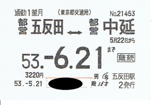 【通勤定期乗車券】東京都交通局　都営五反田⇔都営中延　昭和53年