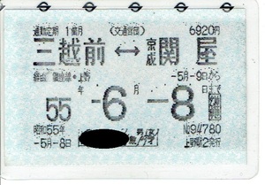 【通勤定期乗車券】帝都高速度交通営団　三越前⇔京成 関屋