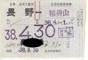 紙貼り【普通定期乗車券】長野⇔稲荷山　昭和38年　国鉄
