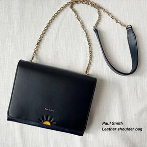 ＜美品!!＞■Paul Smith ポールスミス レザー フラップ チェーン ショルダーバッグ 小さめ コンパクト 上品 斜めがけ お洒落 ネイビー 紺