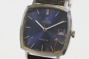 1円~【869】実働　OMEGA／オメガ　Geneve／ジュネーブ　自動巻き　ボーイズ　ユニセックス　正規品ベルト　スクエアー