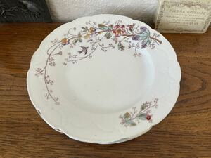 フランス アンティーク 花リム 鳥と花 白磁器 デザート皿2枚