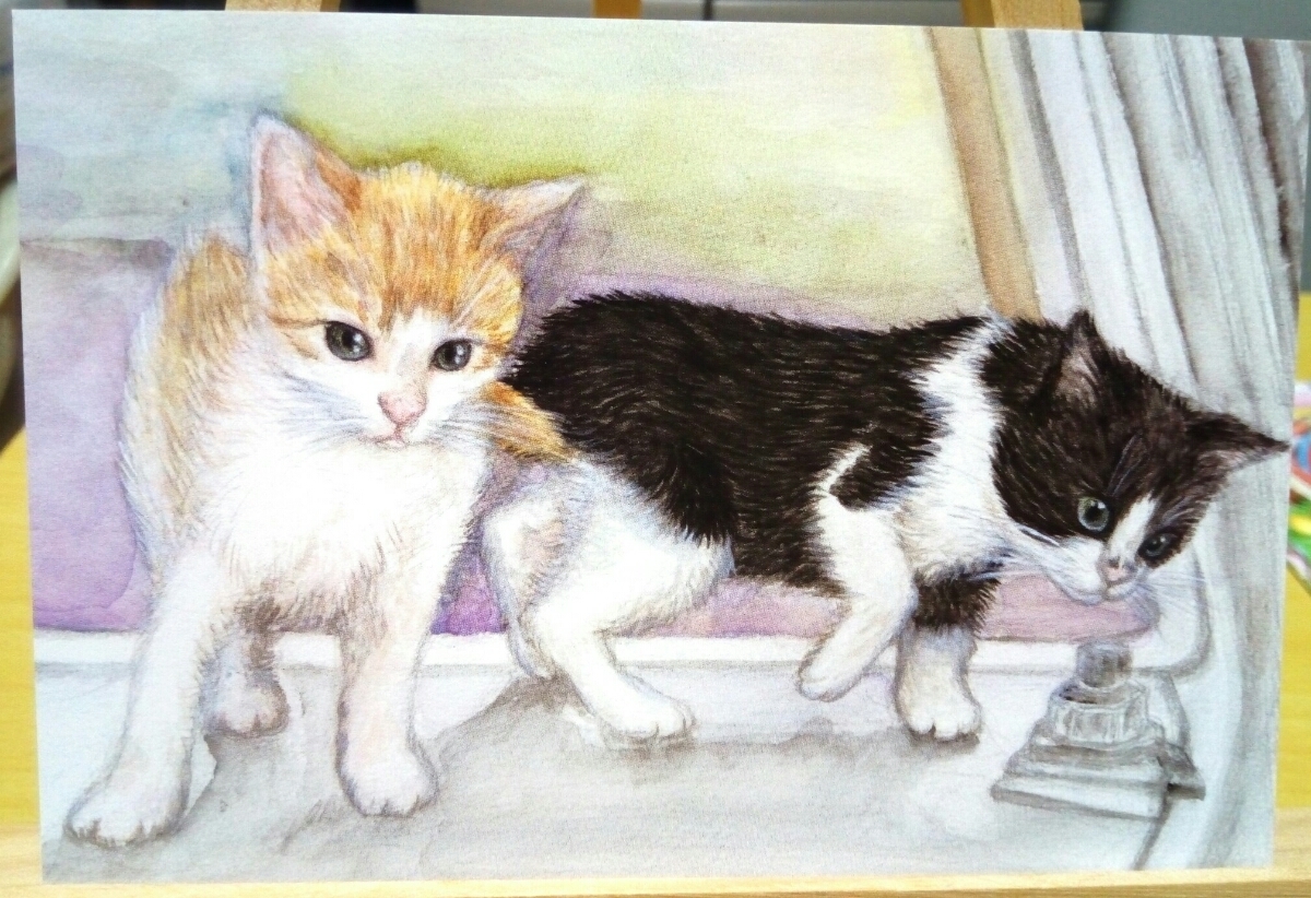 Original obra de arte dibujada a mano ilustración postal gato niño 2① gato gatito acuarela pintura reproducción [Shizuka Aoki], historietas, productos de anime, ilustración dibujada a mano