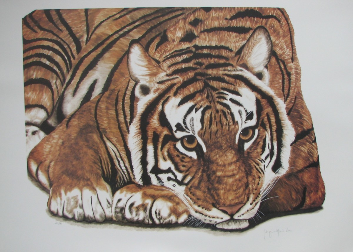 ¡Maestra de la pintura de animales salvajes! Litografía offset de tigre reclinado de Jackie Marie Vogue, Firmado, sin número, Casi agotado, obra de arte, imprimir, pantalla de seda