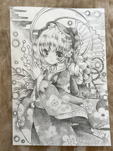 手描きイラスト　Ｂ５サイズ　鉛筆画　和装の女の子　モノクロ　オリジナル_画像3