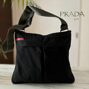 極美品 PRADA プラダスポーツ ショルダーバッグ メンズ レディース 牛革 本革 レザー ブラック 黒 テスート 軽量 肩掛け 斜め掛け ナイロン