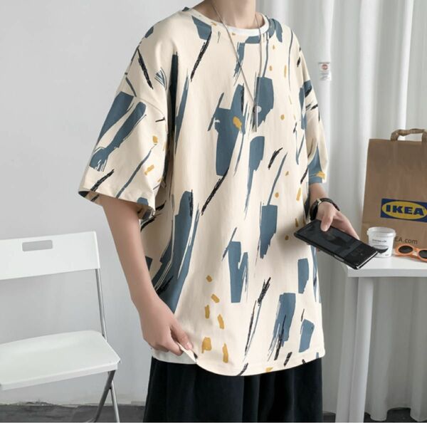 半袖 ペイント風 ビッグシルエット Tシャツ 半袖 XL ベージュ ユニセックス メンズ 韓国