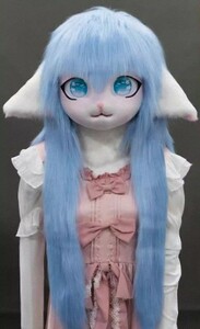 着ぐるみヘッド 猫 垂れ耳 空色 全頭ヘッド ケモノ マスク ファースーツ ぬいぐるみ コスプレ コスチューム