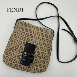 希少フェンディ FENDI ショルダーバッグ マンマバケット 斜め掛け ズッキーノ FF金具 キャンバス レザー ベージュ ブラウン