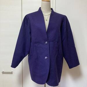 【美品】Ladies Fashion レディースファッション　ノーカラーコート ハーフコート　ミドル　ウール100 毛100 フェルト地　パープル13 XL