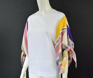 1265-24B0123★エミリオプッチ EMILIO PUCCI★イタリア製.:* 優美なシルクスリーブ カットソートップス S ホワイト系