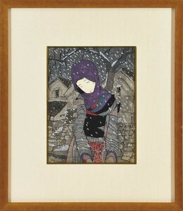 竹久夢二版画額「雪の夜の伝説」　木版画　22×16.3　F:39.8×34.4　大15　「婦人グラフ3巻12号」より