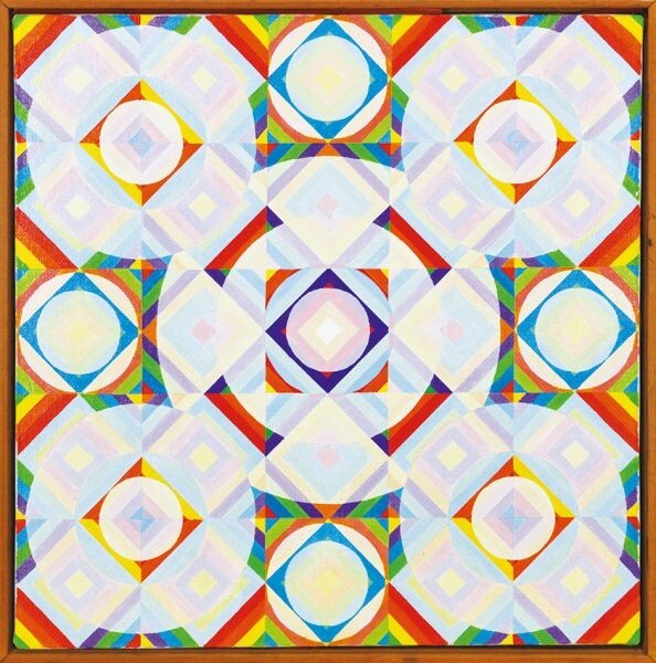 لوحة مؤطرة لمانساكو ميناشيما ماندالا بواسطة شمس الحب زيت على قماش 50.5 × 50.5 فهرنهايت: 53 × 52.5 1976 معروضة في معرض فردي في معرض توا (فوكوكا), تلوين, طلاء زيتي, اللوحة التجريدية