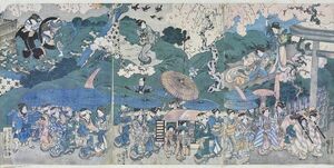 国芳浮世絵「花見図」　3枚続　36×75.5　浮世絵　錦絵　木版画　歌川国芳　Kuniyoshi　桜