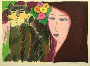 ウォレス・ティン版画「女性と猫」　シルクスクリーン　HC版　サイン、年記　51.5×72.5　1985年　Walasse Ting　中国現代美術