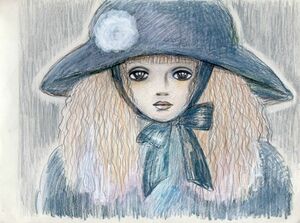 内藤ルネ作品額「ウェーブヘアーの女性コサージュ付帽子」　鉛筆　色鉛筆　紙　22.5×30.5　S:36.7×44.5　Rune Naito