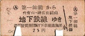 東京急行電鉄　地下鉄連絡　第一師範から　洗足代官山・神宮前経経由　地下鉄線ゆき　25円　パンチ