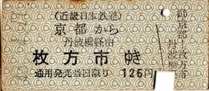 近畿日本鉄道　京阪連絡　京都から　丹波橋経由　枚方市ゆき　125円　パンチ