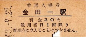 金田一駅（東北本線）入場券　20円券　パンチ