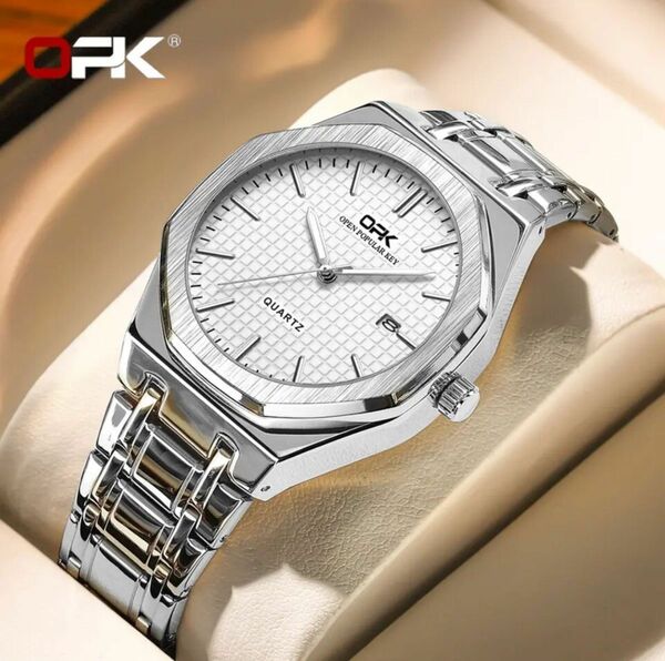 新品 OPK オクタゴン オマージュウォッチ ステンレスベルト メンズ腕時計 ホワイト＆シルバー