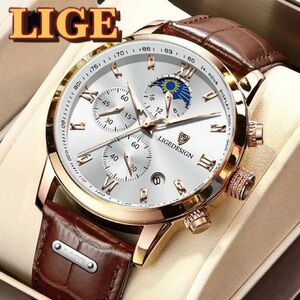 新品 LIGE DESIGN オマージュクロノグラフ ウォッチ レザーストラップメンズ腕時計 ホワイト&ゴールド＆ブラウン8953